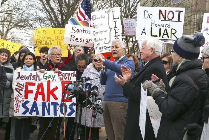 A press conference on Long Island after Rep. elect George Santos admitted to fabricating his resume